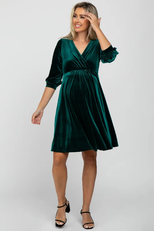 Women's maternity dress slim fit -Green Velvet Wrap Front Babydoll Maternity Dress