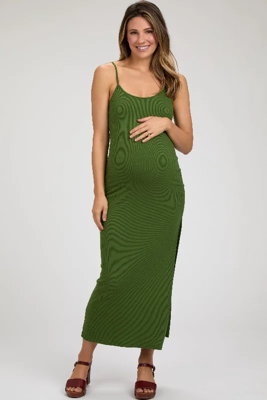 Women's maternity dress V-neck -Green Ribbed Sleeveless Side Slit Maternity Dress