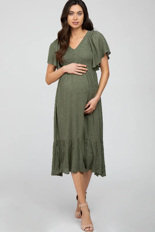 Women's maternity dress delivery -Olive Smocked Ruffle Maternity Dress