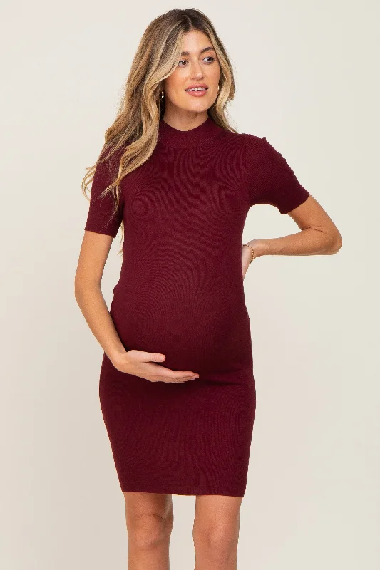 Women's maternity dress minimalist -Burgundy Ribbed Mock Neck Maternity Dress