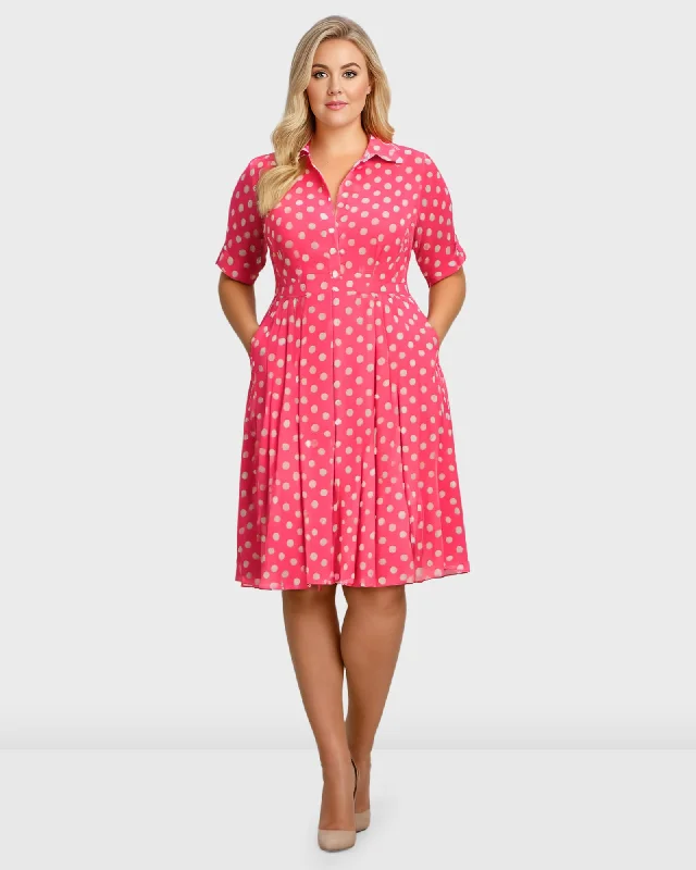 Women's shirt dress vintage twill -Polka Dot Print Georgette Shirtdress | Deep Pink, Off-White