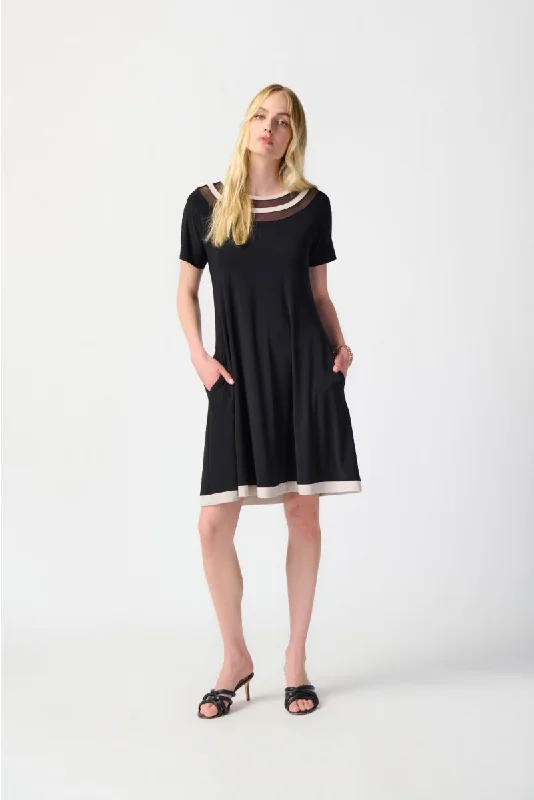 Women's shirt dress crisp twill -Joseph Ribkoff Black/Moonstone Striped Mesh Insert T-Shirt Dress 241051