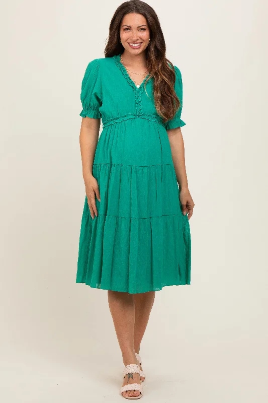 Women's maternity dress crisscross -Emerald Green Ruffle Trim Tiered Maternity Dress