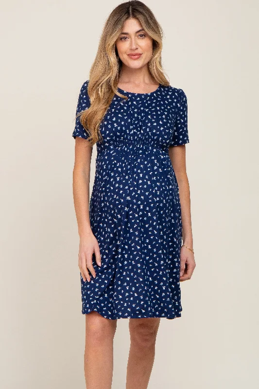 Women's maternity dress bodycon -Navy Floral Smocked Short Sleeve Maternity Dress