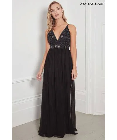 Ladies maxi dress airy fabric -Black Plunge Embellished Maxi Dress