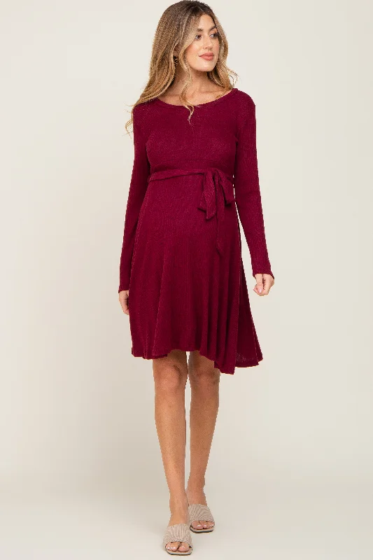 Women's maternity dress flutter sleeve -Burgundy Soft Rib Knit Sash Tie Maternity Dress