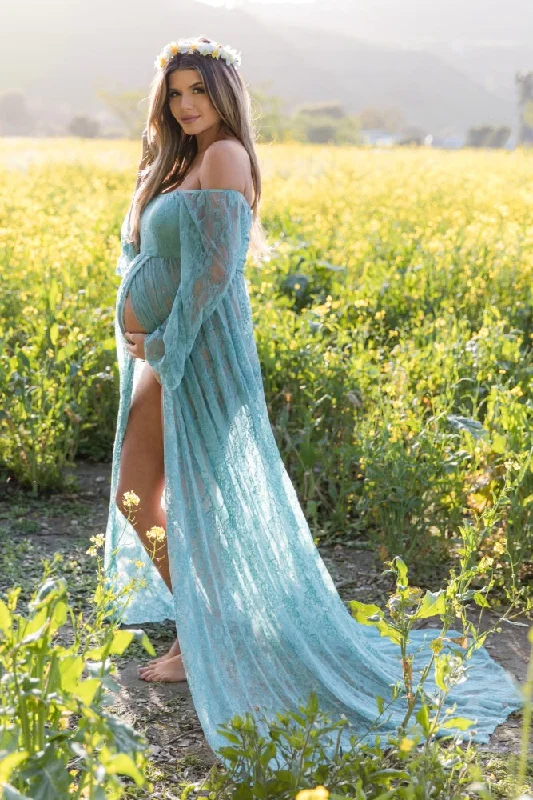 Women's maternity dress plus size -PinkBlush Blue Lace Off Shoulder Maternity Photoshoot Gown/Dress