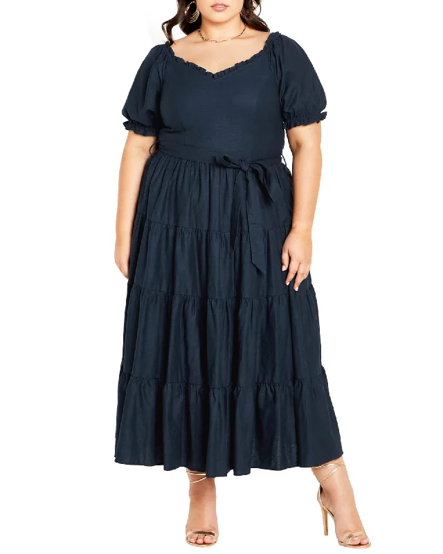 Ladies maxi dress illusion neck -Breanna Puff Sleeve Maxi | NAVY