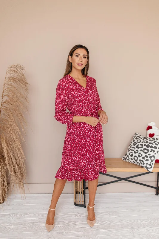 Women's maternity dress V-neck -Sansa Red Floral Ruffle Wrap Dress - Maternity Friendly - Nursing Friendly - FINAL SALE