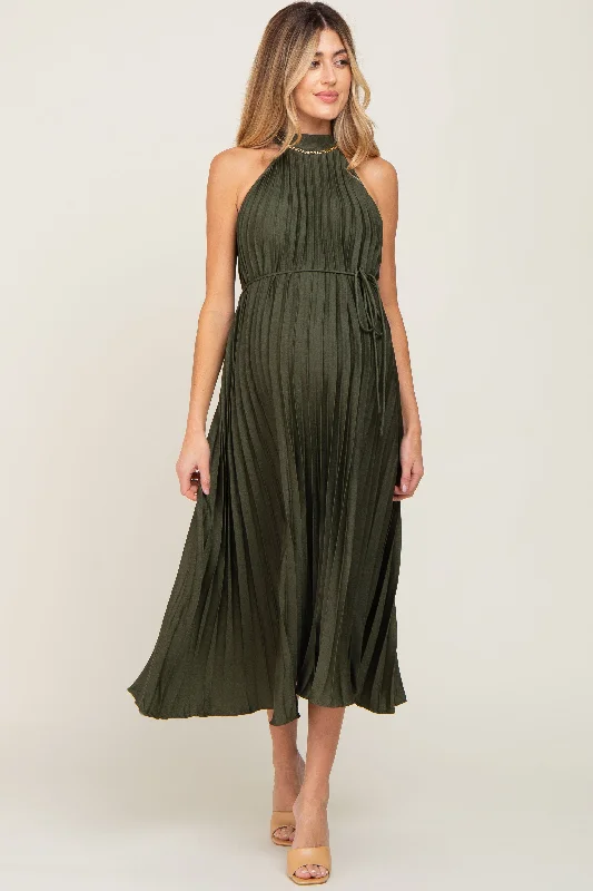 Women's maternity dress keyhole -Olive Pleated Maternity Halter Dress