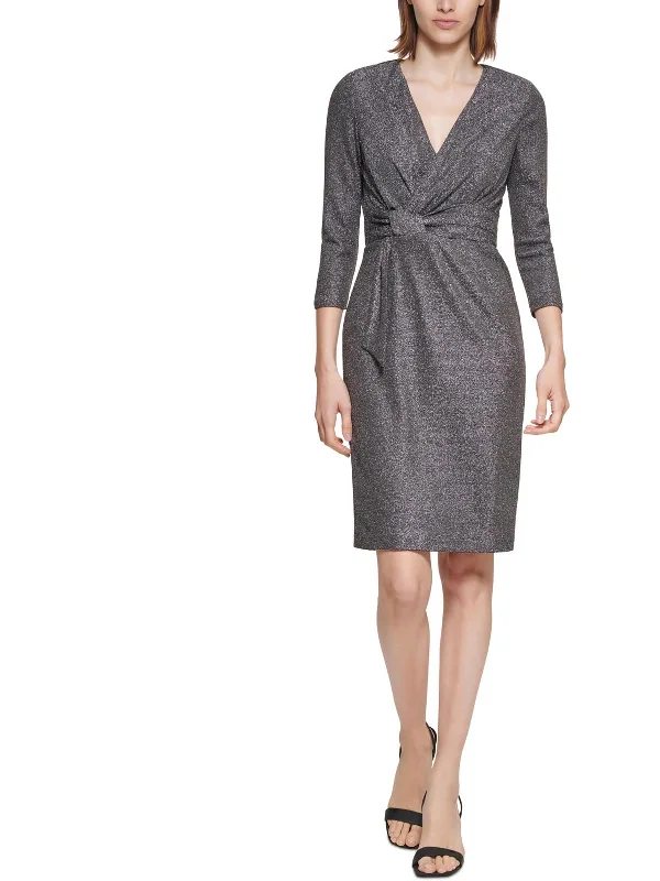 Ladies party dress cocktail hour -Petites Womens Knit Metallic Cocktail and Party Dress