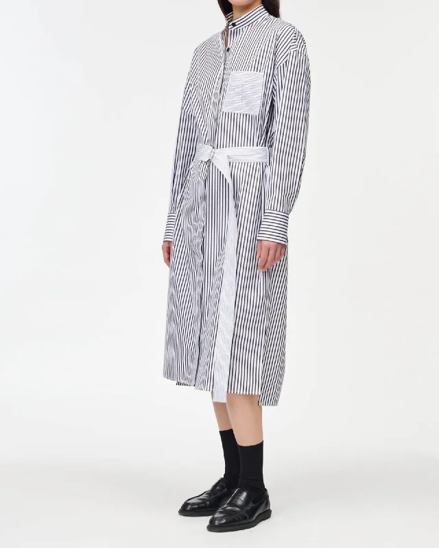 Women's shirt dress casual comfort -Oversized Belted Shirt Dress in Black/White Stripe | Black/White Stripe