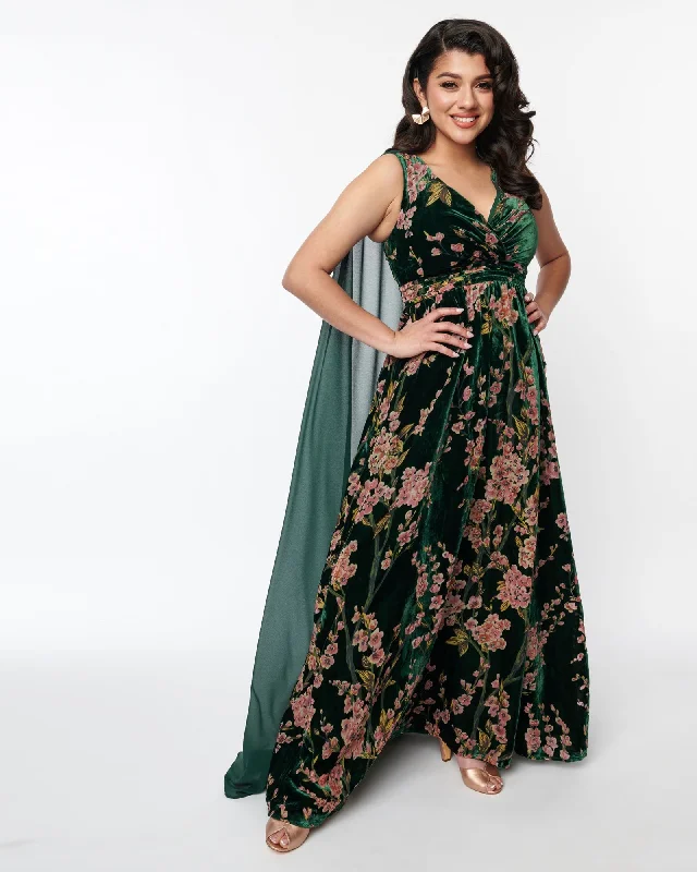 Ladies maxi dress smooth -Unique Vintage Emerald & Cherry Blossom Velvet Cape Maxi Dress | Emerald & Cherry Blossom