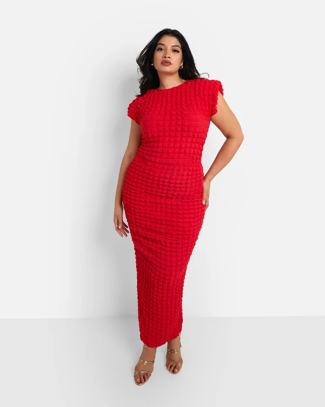 Ladies maxi dress special occasion -Aries Rising Popcorn Smocking Cap Sleeve Maxi Bodycon Dress | Red