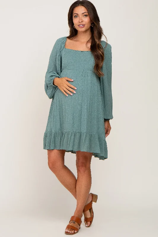 Women's maternity dress oversized -Olive Square Neck Puff Long Sleeve Maternity Dress