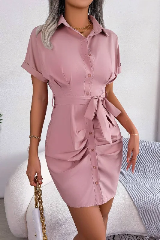 Women's shirt dress relaxed fit -CASUAL SOLID COLOR BAT SLEEVE WAIST SHIRT DRESS_CWDSD2522