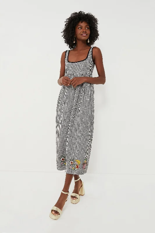 Women's midi dress spring -Houndstooth Emily Embroidered Midi Dress