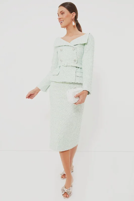 Women's midi dress fringe -Mint Boucle Tailored Midi Dress