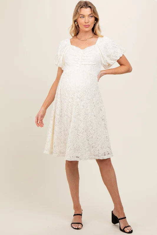 Women's maternity dress sustainable -Ivory Lace Puff Sleeve Maternity Dress