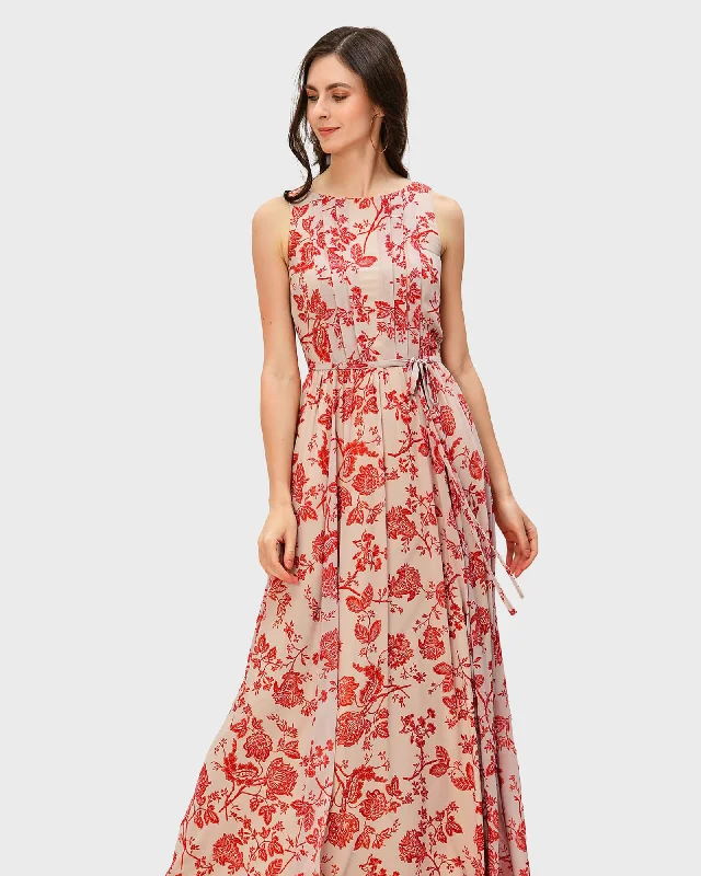 Ladies maxi dress wrap -Pleat Front Floral Print Georgette Maxi Dress | Peach