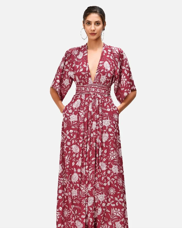 Ladies maxi dress floral -Plunge floral print crepe maxi dress | Crimson red