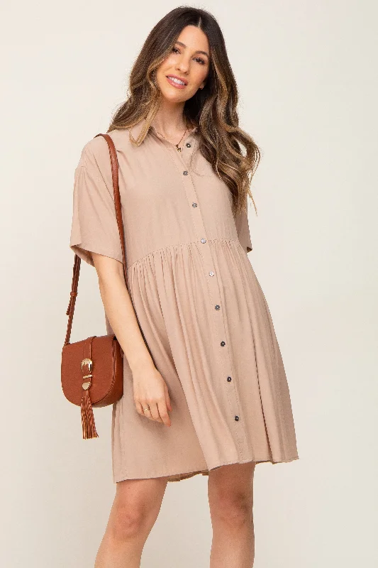 Women's maternity dress vibrant -Taupe Buttondown Short Sleeve Maternity Dress