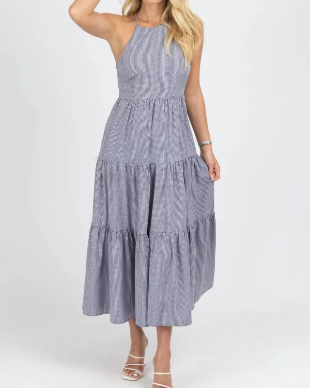 Ladies maxi dress drop waist -Gingham Tiered Open Back Maxi Dress In Navy | Navy