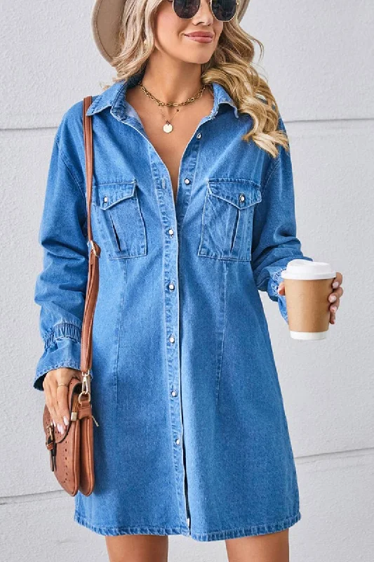 Women's shirt dress relaxed linen -BELL SLEEVE LOOSE CARDIGAN DENIM SHIRT DRESS_CWDSD2576