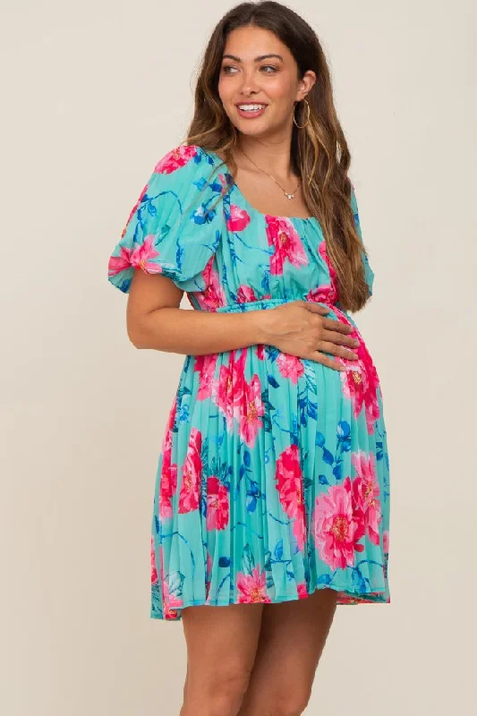 Women's maternity dress cheap -Turquoise Floral Chiffon Square Neck Pleated Maternity Dress