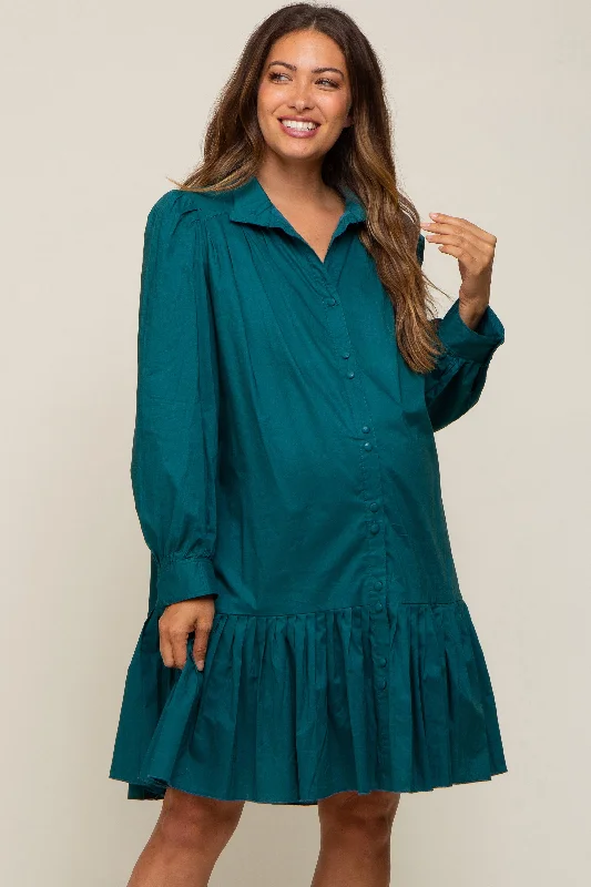 Women's maternity dress non stretch -Hunter Green Button Down High Neck Long Sleeve Maternity Dress