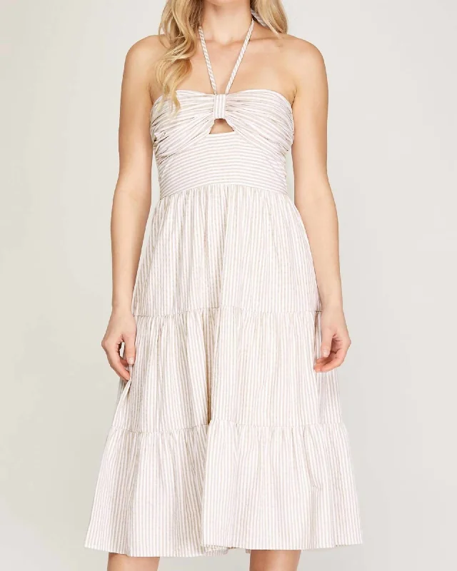 Women's midi dress shiny -Tallulah Falls Sleeveless Halter Midi Dress In White/Tan | White/Tan