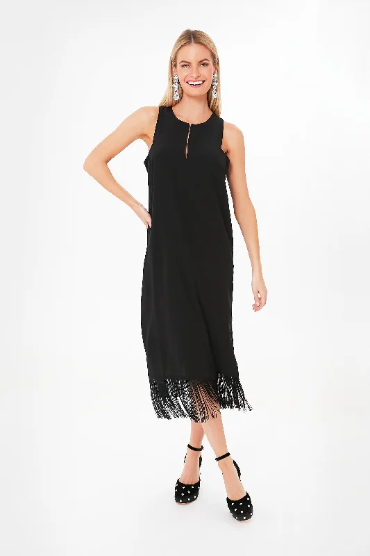 Women's midi dress galaxy print -Black Cut Out Fringe Midi Dress