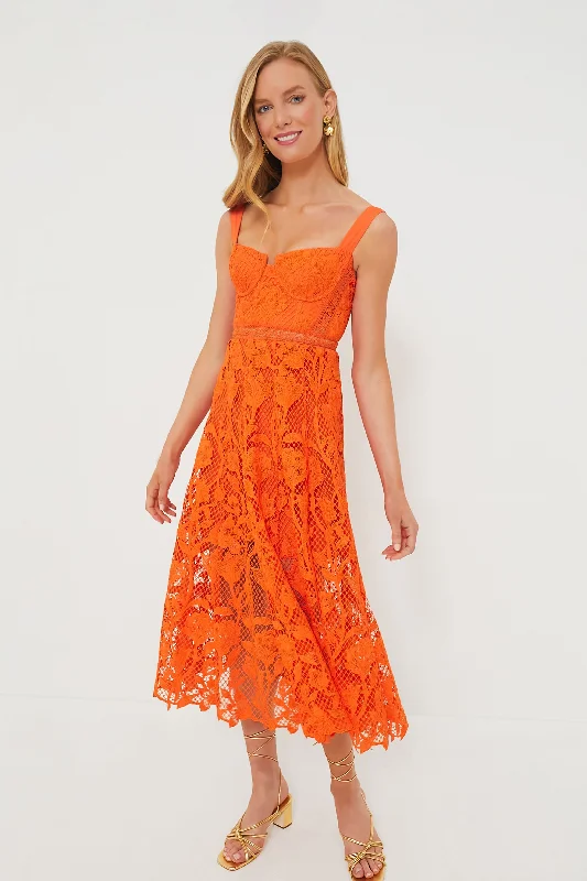 Women's midi dress orange -Orange Lace Midi Dress