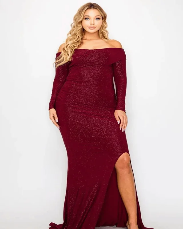 Ladies maxi dress sweetheart neck -Plus Long Sleeve Off Shoulder Night Party Maxi Dress | Burgundy