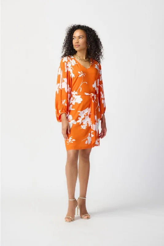 Women's shirt dress lightweight twill -Joseph Ribkoff Mandarin/Vanilla Floral Print Puff Sleeve Belted Shirt Dress 241207