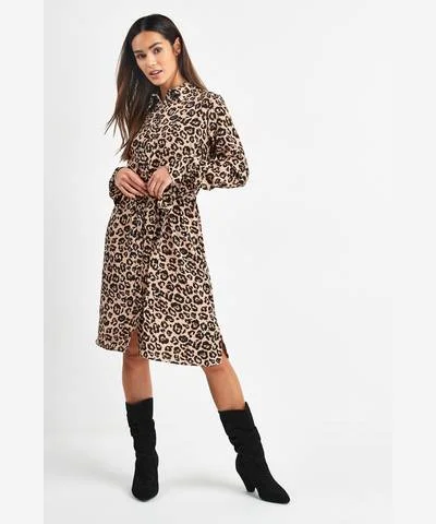 Women's shirt dress relaxed check -Animal Print Belted Shirt Dress