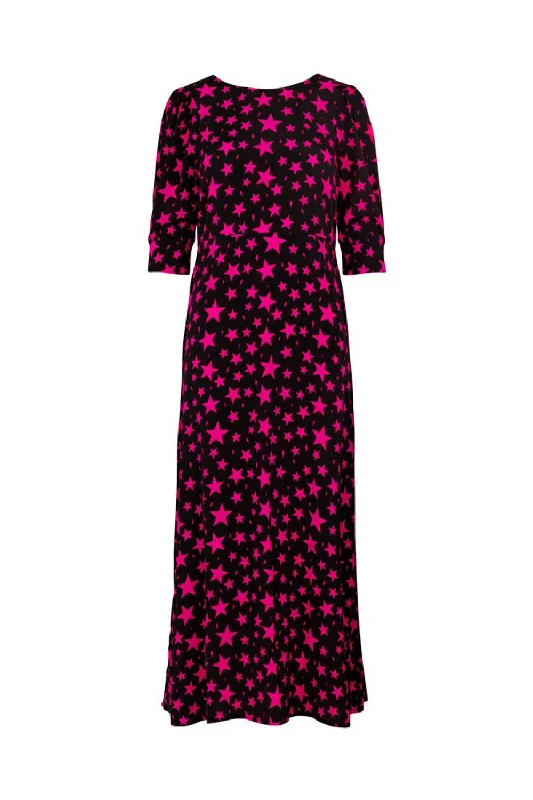 Women's midi dress earth tone -Black with Pink Star Midi Dress