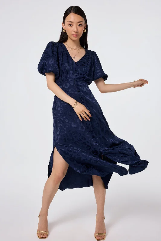 Women's midi dress vacation -Navy Jacquard Leopard Puff Sleeve Midi Tea Dress