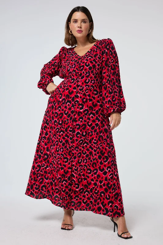 Women's midi dress cut out -Red with Pink and Black Pop Leopard Blouson Sleeve Midi Tea Dress