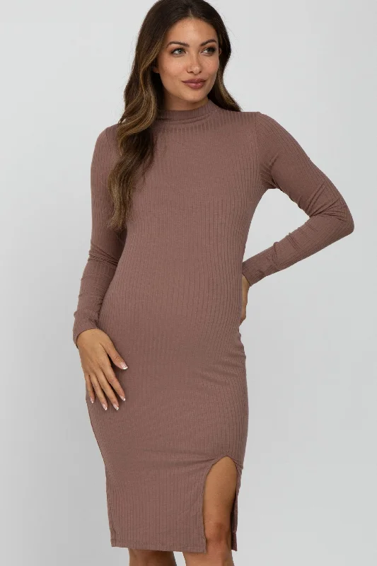 Women's maternity dress heart print -Mocha Ribbed Mock Neck Front Slit Maternity Dress