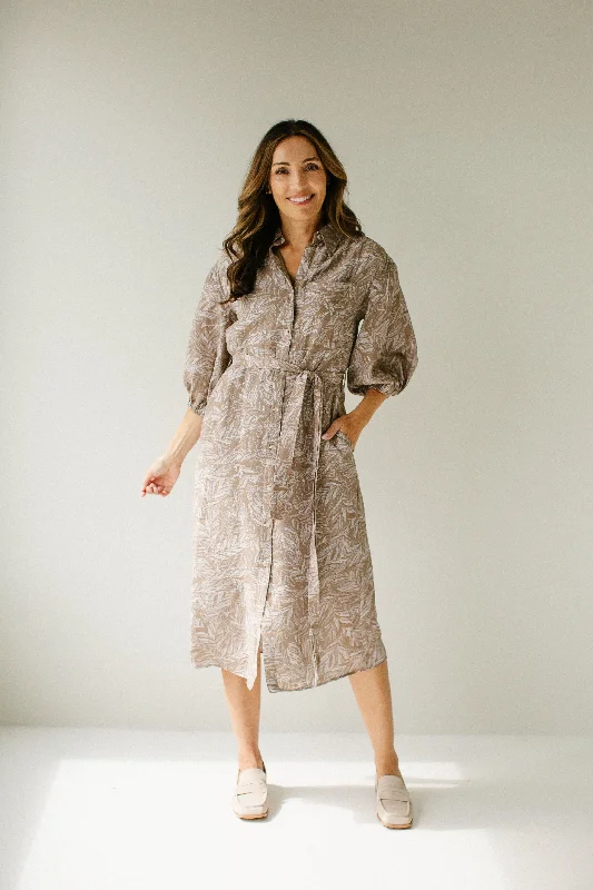 Women's shirt dress neutral beige -'Edith' Leaf Print Tie Waist Shirtdress in Light Mocha