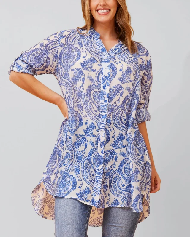 Women's shirt dress summer getaway -Cezanne Tunic Shirt Dress Semi-Sheer Paisley Print | Blue