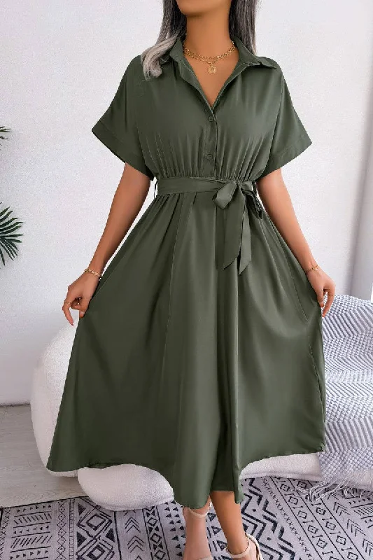 Women's shirt dress tailored denim -CASUAL LOOSE SOLID COLOR LACE UP SHIRT LONG DRESS_CWDSD2508