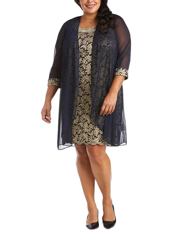 Ladies party dress lace overlay -Plus Womens Jacquard 2PC Cocktail and Party Dress