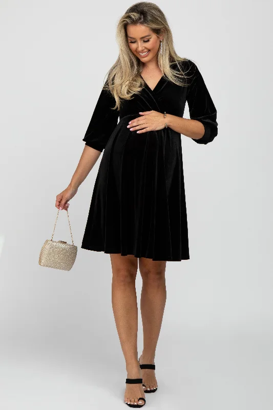 Women's maternity dress tiered -Black Velvet Wrap Front Babydoll Maternity Dress