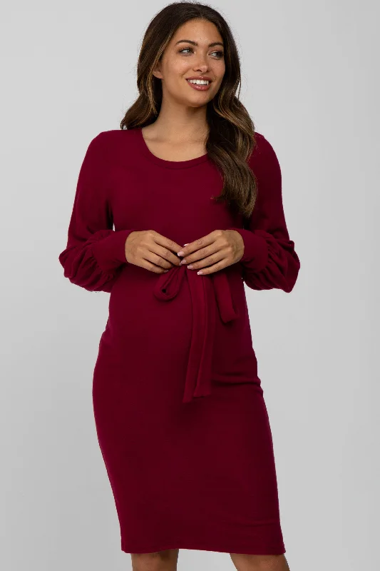 Women's maternity dress bright -Burgundy Soft Brushed Waist Tie Bubble Sleeve Maternity Dress