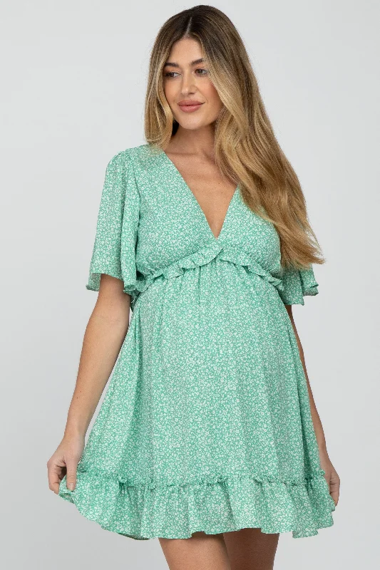 Women's maternity dress zebra print -Mint Green Floral Ruffle Accent Cutout Maternity Dress