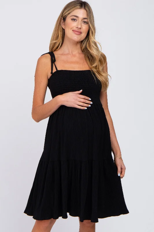 Women's maternity dress wrinkle free -Black Smocked Shoulder Tie Maternity Dress