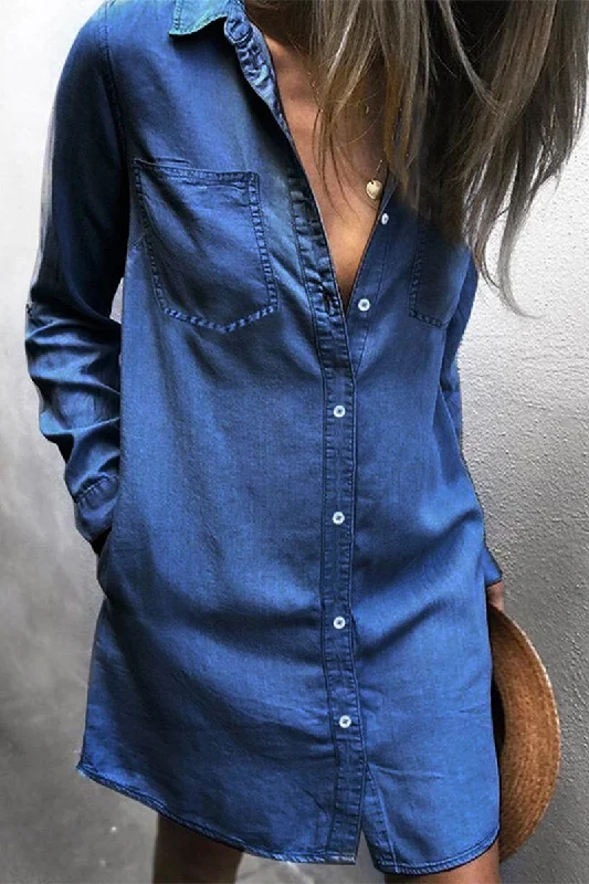 Women's shirt dress summer getaway -WOMEN BUTTON UP KNEE LENGTH DENIM SHIRT DRESS