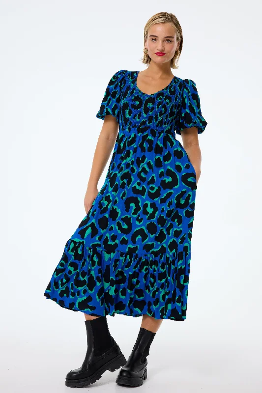 Women's midi dress tie dye -Blue with Green and Black Mega Leopard Shirred Puff Sleeve Midi Dress